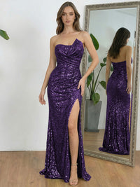 Ruched Asymmetrical Neck Sheath Floor-Length Evening Dresses with Sequin