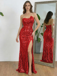 Ruched Asymmetrical Neck Sheath Floor-Length Evening Dresses with Sequin