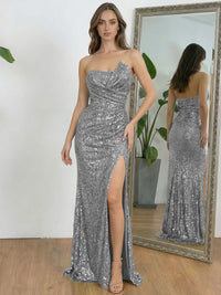 Ruched Asymmetrical Neck Sheath Floor-Length Evening Dresses with Sequin