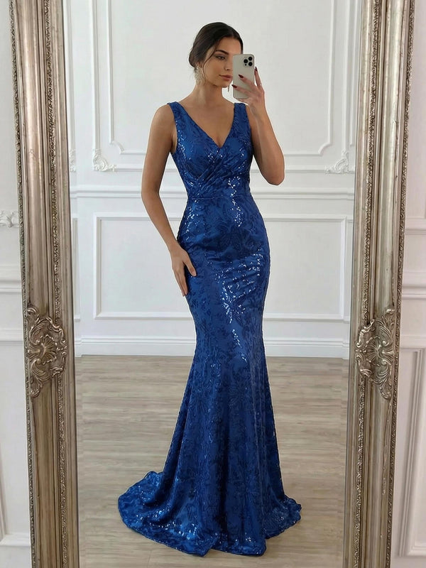 Ruched V-Neck Mermaid Floor-Length Evening Dresses with Sequin