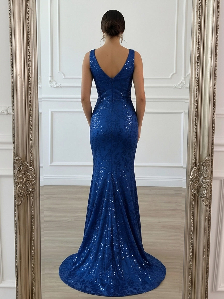 Ruched V-Neck Mermaid Floor-Length Evening Dresses with Sequin