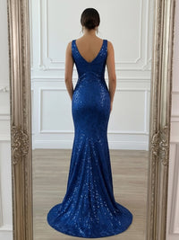Ruched V-Neck Mermaid Floor-Length Evening Dresses with Sequin