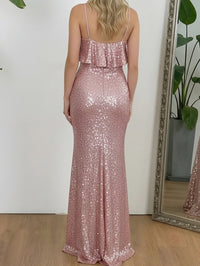 Spaghetti Strap V-Neck Sheath Sequin Floor-Length Evening Dresses with Ruffle