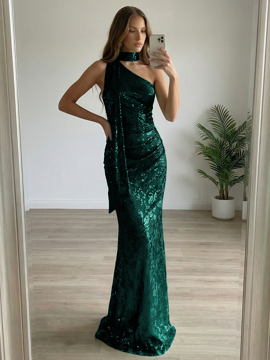 Floral Sequin One Shoulder Ruched Floor-Length Evening Dresses with Scarf