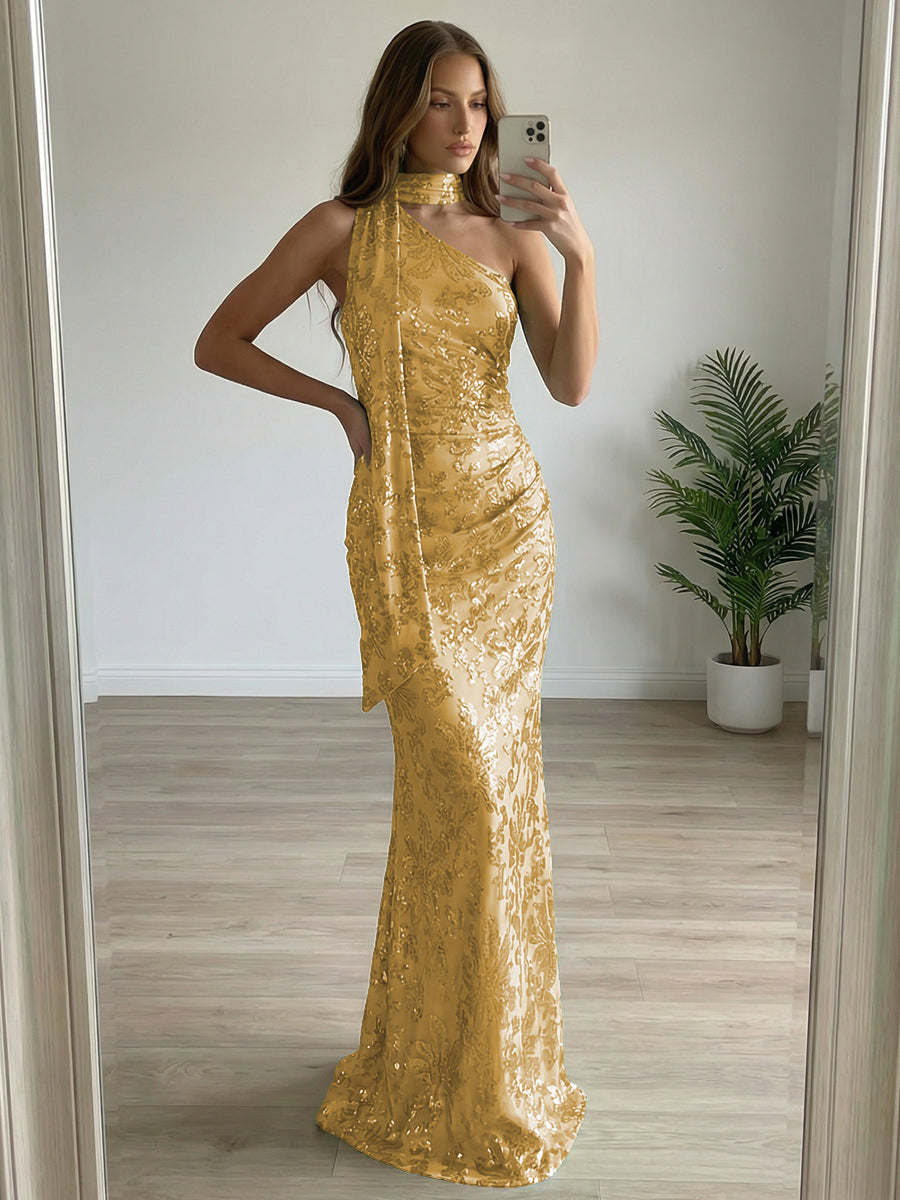 Floral Sequin One Shoulder Ruched Floor-Length Evening Dresses with Scarf