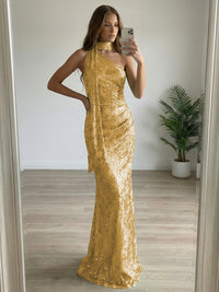 Floral Sequin One Shoulder Ruched Floor-Length Evening Dresses with Scarf
