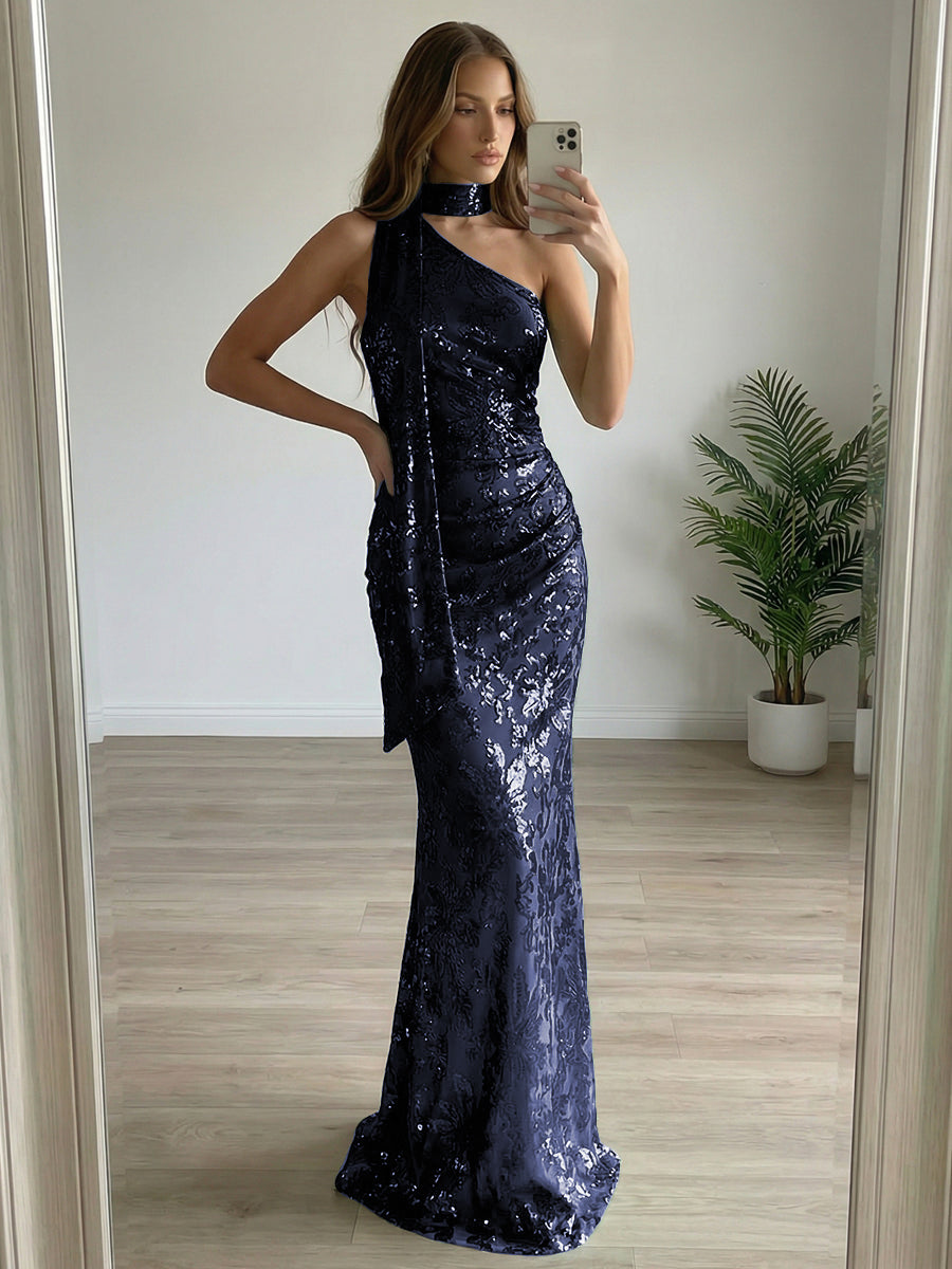 Floral Sequin One Shoulder Ruched Floor-Length Evening Dresses with Scarf
