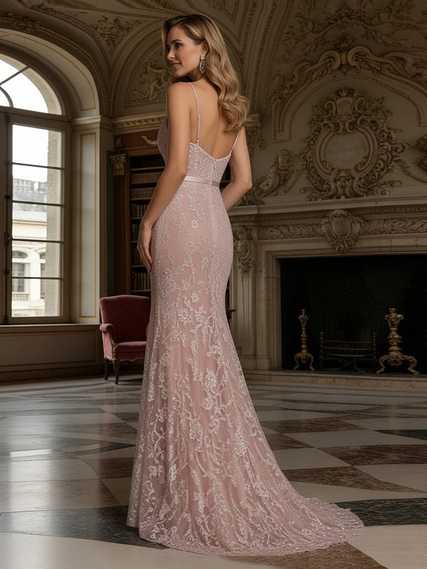 Spaghetti Strap V-Neck Mermaid Floor-Length Evening Dresses with Lace Applique