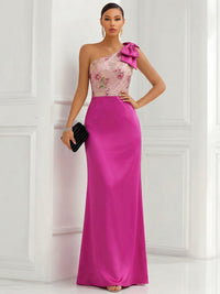 One Shoulder Sheath Floor-Length Evening Dresses with Floral Appliques