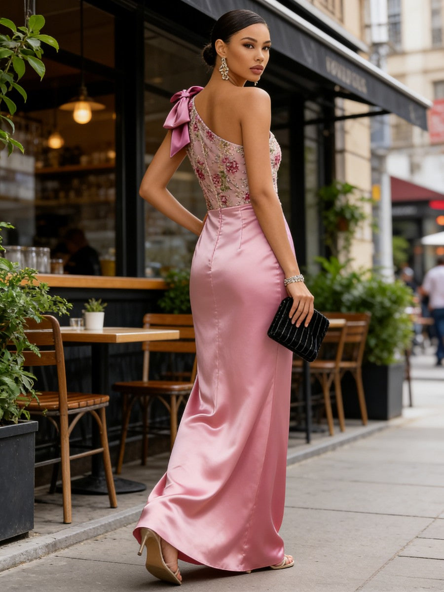 One Shoulder Sheath Floor-Length Evening Dresses with Floral Appliques