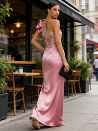One Shoulder Sheath Floor-Length Evening Dresses with Floral Appliques