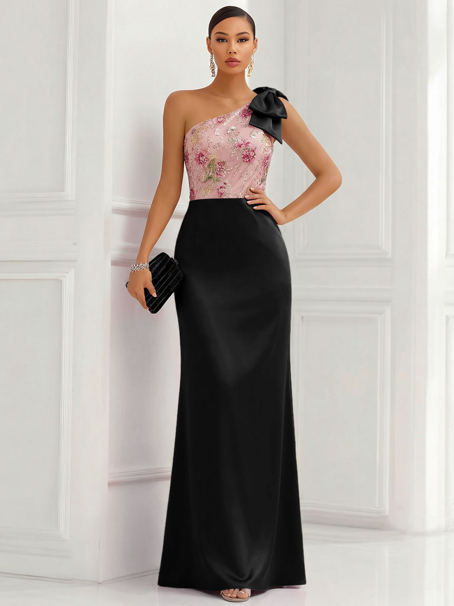 One Shoulder Sheath Floor-Length Evening Dresses with Floral Appliques