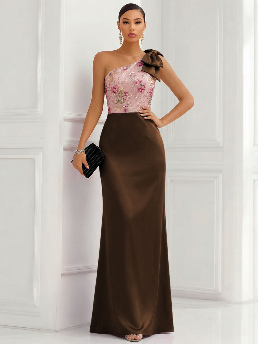 One Shoulder Sheath Floor-Length Evening Dresses with Floral Appliques