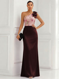 One Shoulder Sheath Floor-Length Evening Dresses with Floral Appliques