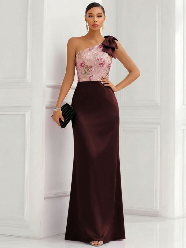 One Shoulder Sheath Floor-Length Evening Dresses with Floral Appliques