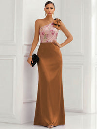 One Shoulder Sheath Floor-Length Evening Dresses with Floral Appliques