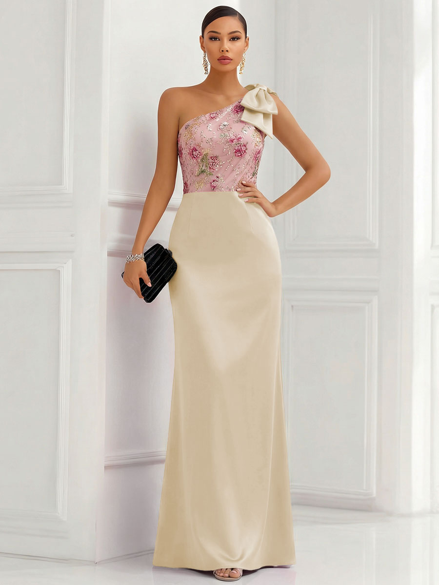One Shoulder Sheath Floor-Length Evening Dresses with Floral Appliques