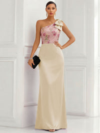 One Shoulder Sheath Floor-Length Evening Dresses with Floral Appliques