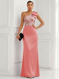 One Shoulder Sheath Floor-Length Evening Dresses with Floral Appliques