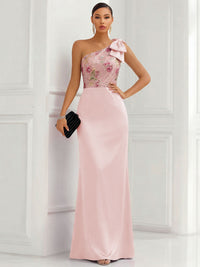 One Shoulder Sheath Floor-Length Evening Dresses with Floral Appliques