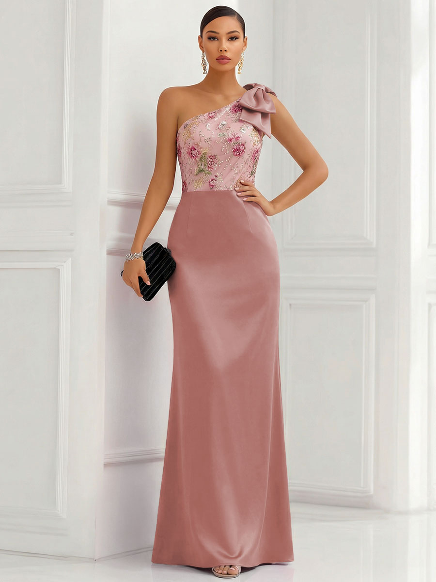 One Shoulder Sheath Floor-Length Evening Dresses with Floral Appliques