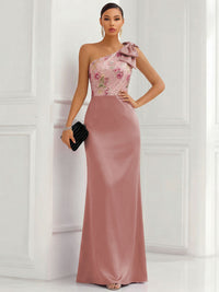 One Shoulder Sheath Floor-Length Evening Dresses with Floral Appliques