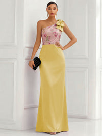 One Shoulder Sheath Floor-Length Evening Dresses with Floral Appliques