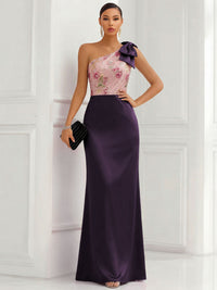 One Shoulder Sheath Floor-Length Evening Dresses with Floral Appliques