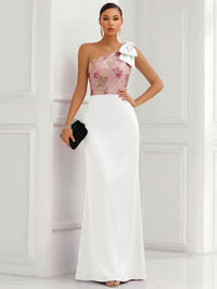 One Shoulder Sheath Floor-Length Evening Dresses with Floral Appliques