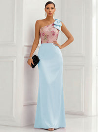 One Shoulder Sheath Floor-Length Evening Dresses with Floral Appliques