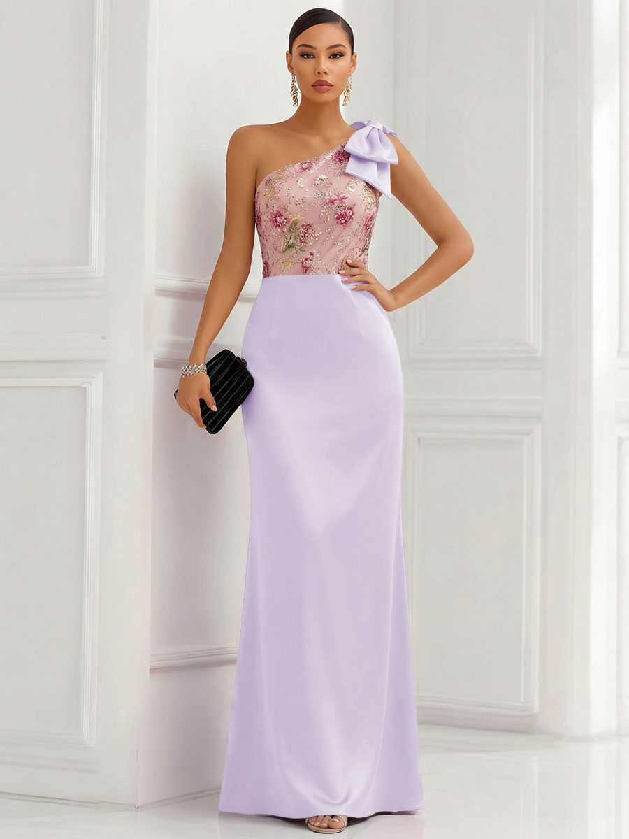 One Shoulder Sheath Floor-Length Evening Dresses with Floral Appliques