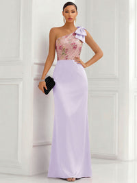 One Shoulder Sheath Floor-Length Evening Dresses with Floral Appliques