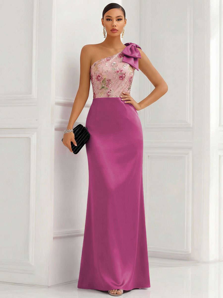One Shoulder Sheath Floor-Length Evening Dresses with Floral Appliques