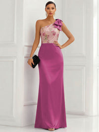 One Shoulder Sheath Floor-Length Evening Dresses with Floral Appliques