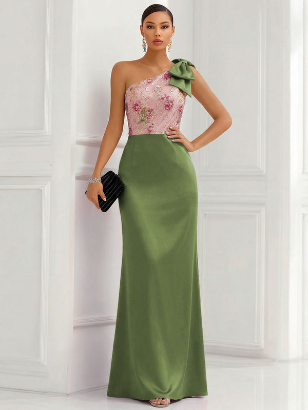 One Shoulder Sheath Floor-Length Evening Dresses with Floral Appliques