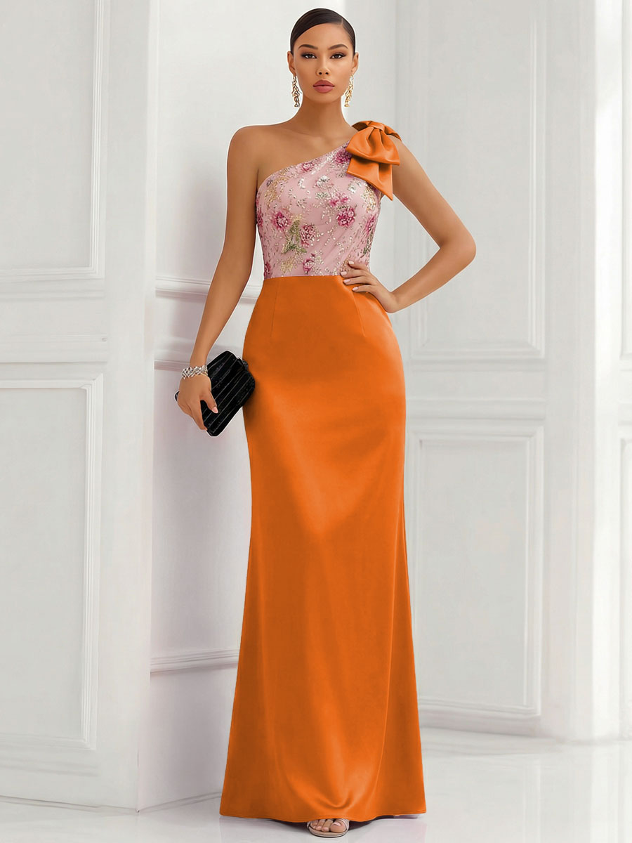 One Shoulder Sheath Floor-Length Evening Dresses with Floral Appliques