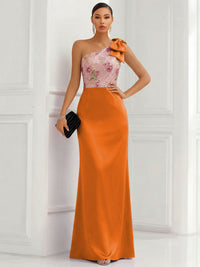 One Shoulder Sheath Floor-Length Evening Dresses with Floral Appliques