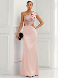 One Shoulder Sheath Floor-Length Evening Dresses with Floral Appliques