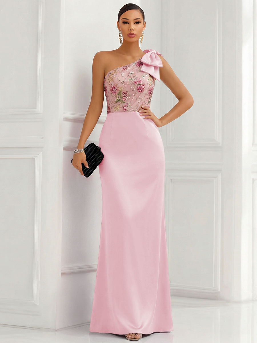One Shoulder Sheath Floor-Length Evening Dresses with Floral Appliques