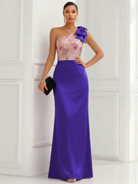 One Shoulder Sheath Floor-Length Evening Dresses with Floral Appliques