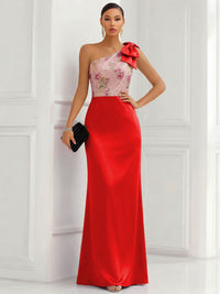 One Shoulder Sheath Floor-Length Evening Dresses with Floral Appliques