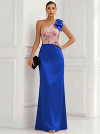 One Shoulder Sheath Floor-Length Evening Dresses with Floral Appliques