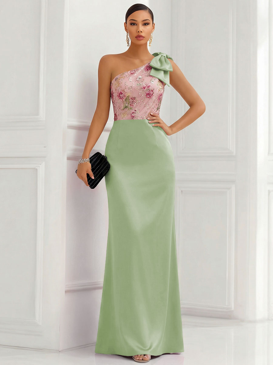 One Shoulder Sheath Floor-Length Evening Dresses with Floral Appliques