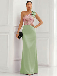 One Shoulder Sheath Floor-Length Evening Dresses with Floral Appliques