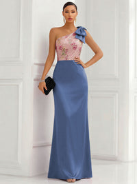 One Shoulder Sheath Floor-Length Evening Dresses with Floral Appliques