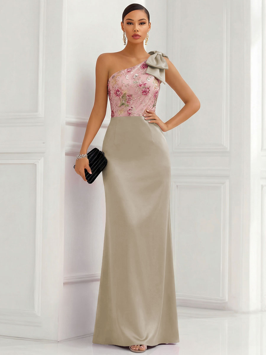 One Shoulder Sheath Floor-Length Evening Dresses with Floral Appliques