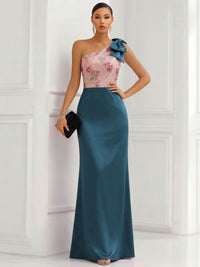 One Shoulder Sheath Floor-Length Evening Dresses with Floral Appliques