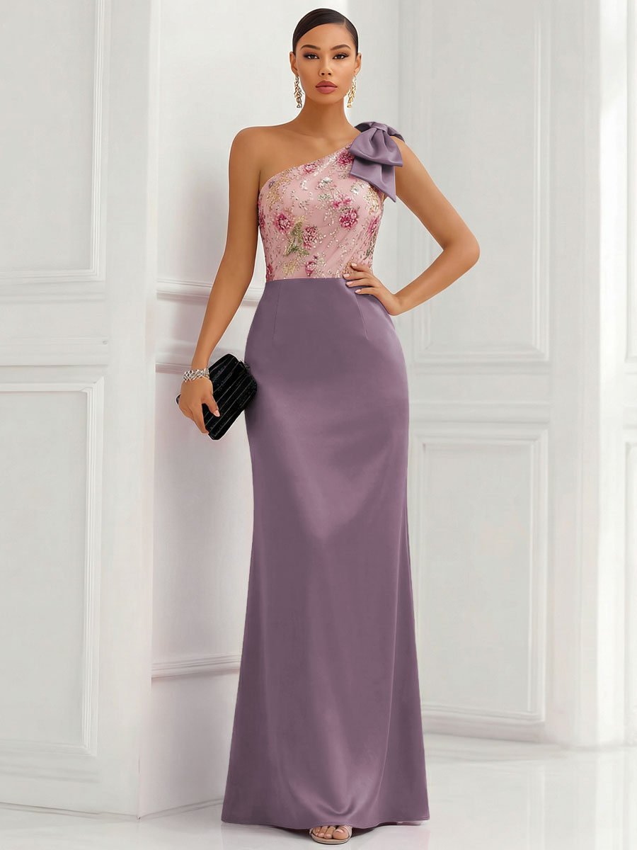 One Shoulder Sheath Floor-Length Evening Dresses with Floral Appliques