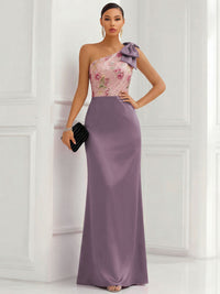 One Shoulder Sheath Floor-Length Evening Dresses with Floral Appliques