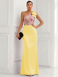 One Shoulder Sheath Floor-Length Evening Dresses with Floral Appliques